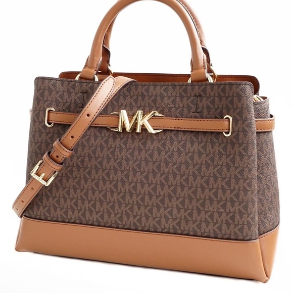 Michael Kors Reed Large Belted Satchel Bag Purse Brown MK Signature - Picture 8 of 8